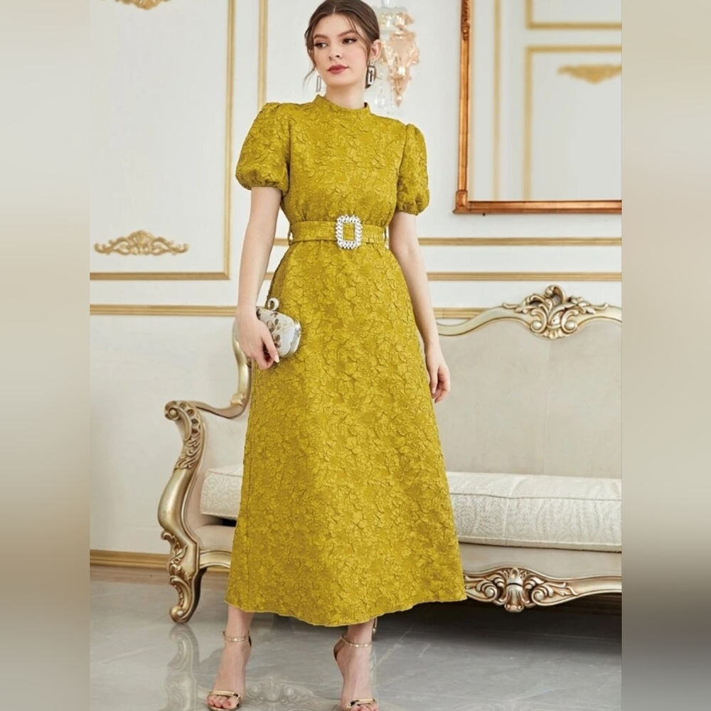 Puff Sleeve Keyhole Back Belted Dress
